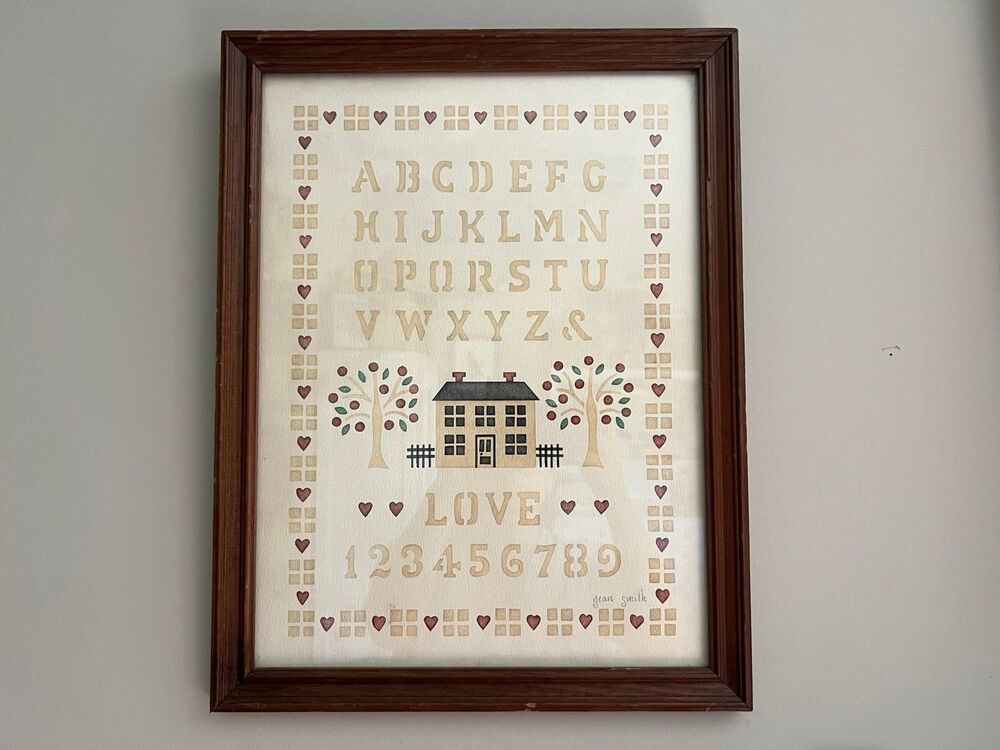 1980s Vintage Framed Alphabet LOVE House Art Print Piece by Jean Smith